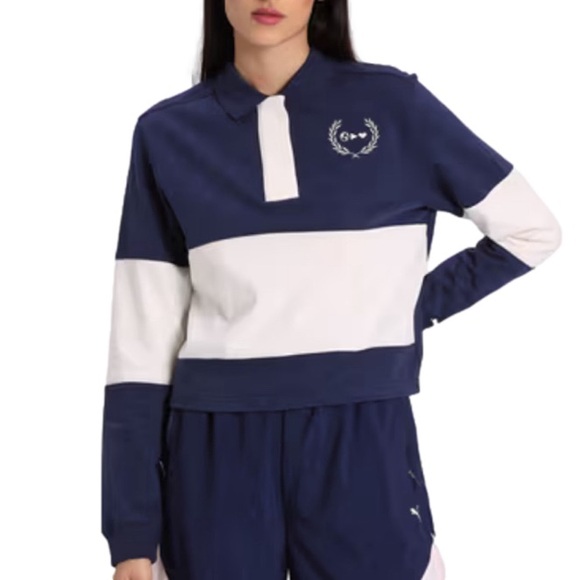 Puma Selena Gomez Blue White Stripe Long Sleeve Crop Rugby Shirt Women's XL - Picture 1 of 14